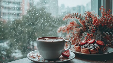 an elegant latte with strawberries and chocolate pastries,