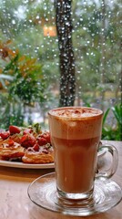 an elegant latte with strawberries and chocolate pastries