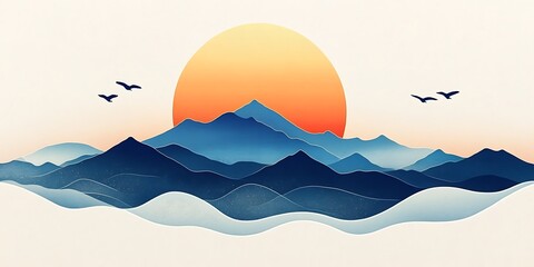 
Abstract art landscape mountain with birds and sunrise sunset by blue line art texture isolated on white beige earth tone background. Minimal luxury style for wallpaper, wall art decoration

