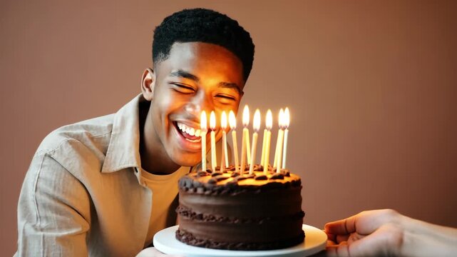 AI Generative Young man blowing out candles on cake, happy birthday celebration