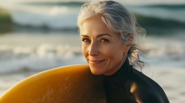 A woman in a wetsuit is smiling on a surfboard at sunset, enjoying the ocean and her fitness routine. - Powered by Adobe