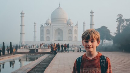 Young boy smiles proudly in front of the majestic Taj Mahal at dawn, capturing the wonder of travel and iconic landmarks