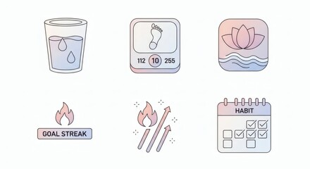 A collection of pastel-colored icons representing health, wellness, and habit tracking, including hydration, steps, meditation, goal streaks, and progress.