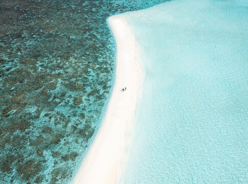 Aerial view of a pristine sandbar kissed by a turquoise lagoon with vibrant corals, a serene escape in the middle of the ocean, Thoddoo, Alif Alif Atoll, Maldives.