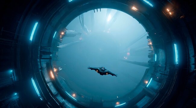 Illustration from the video game Space Wars, spaceship movement inside an oval ring with lights, in a sci-fi style.