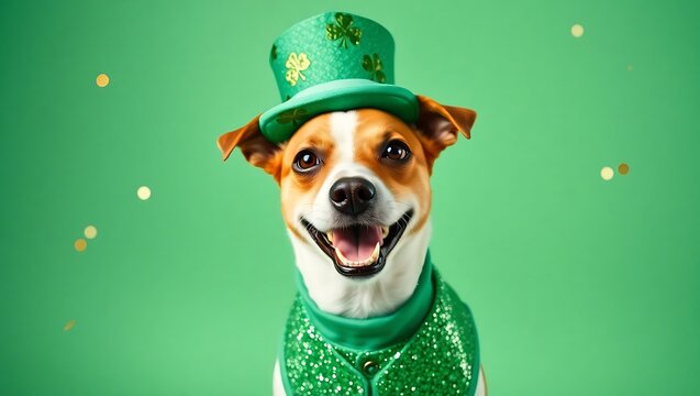 A happy dog wearing a green st patrick's day hat and vest against a green background with confetti | national dog day