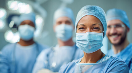 Confident female surgeon in scrubs and mask smiles reassuringly, backed by her blurred medical team in an operating room