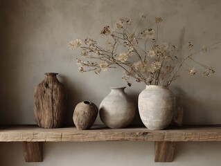 Wabi-sabi shelf styling with imperfect vases vintage wood and soft fabric