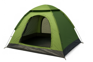 Vibrant green camping tent standing on transparent background, prepared for wilderness expedition