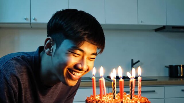 AI Generative Young man blowing out candles on cake, happy birthday celebration