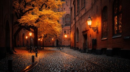 A quaint street lined with trees adorned in golden leaves