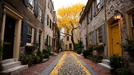 A quaint street lined with trees adorned in golden leaves