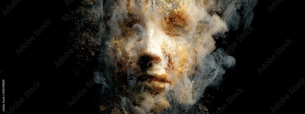 Poster ethereal transformation of a face morphing into smoke and data particles with abstract aesthetic ele