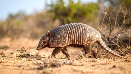 Armadillo Foraging in Dry Arid Grassland Environment