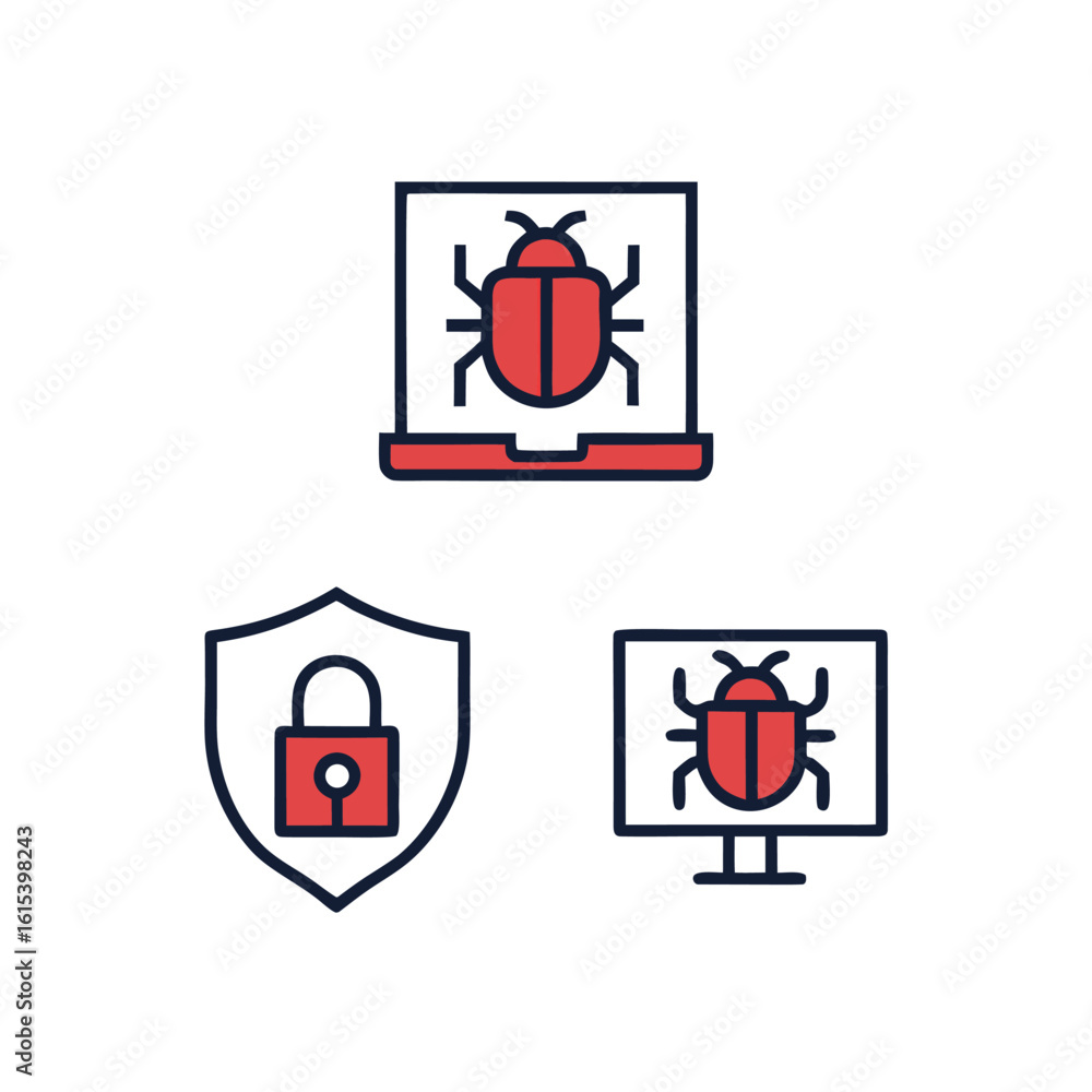 Aufkleber computer virus protection shield and bug icons on white background vector