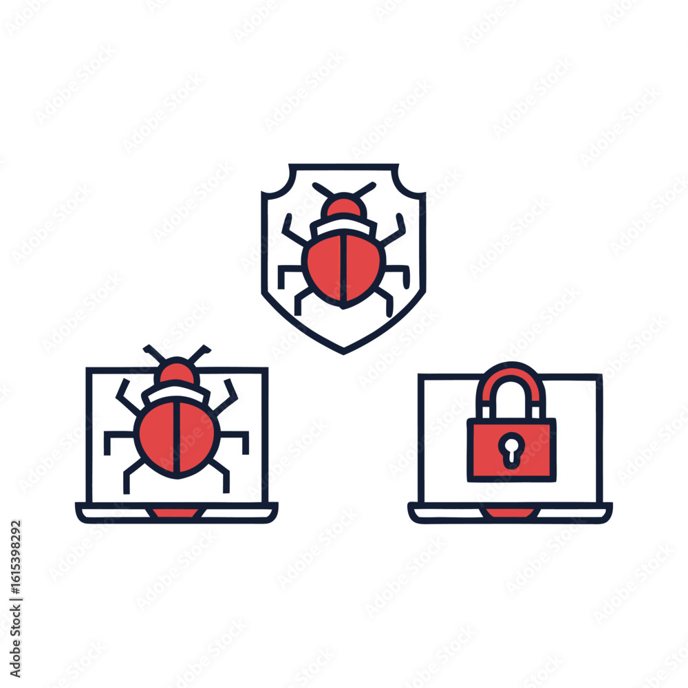 Poster cyber security icons featuring bug and lock on white background computer virus