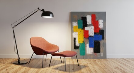 Modern living room interior featuring a chair, footstool, lamp, and abstract artwork.