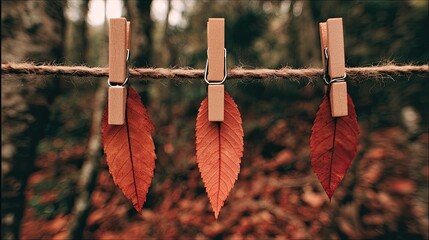 three leaves hanging on a clothesline with wooden pins