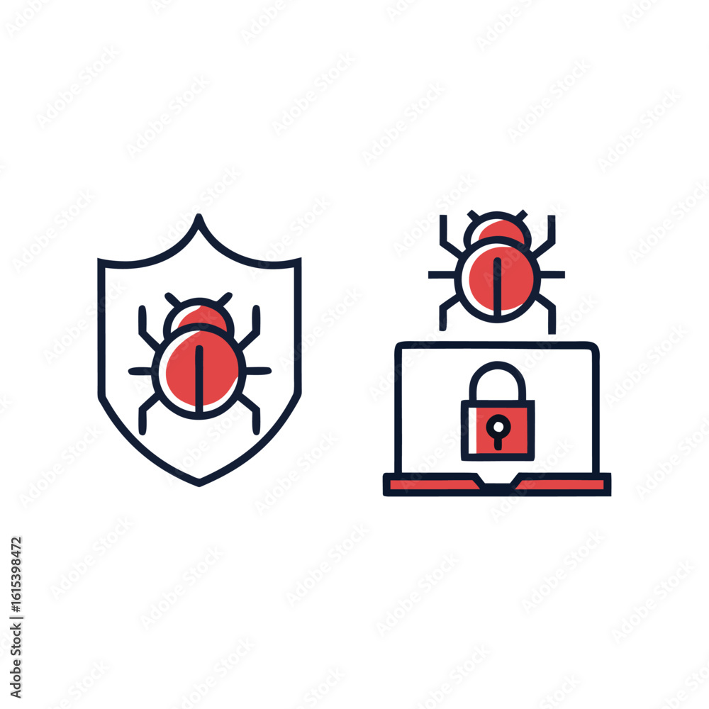 Poster red bug icon on shield and laptop with lock on white background computer cyber