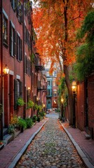 A quaint street lined with maple trees in full autumn color