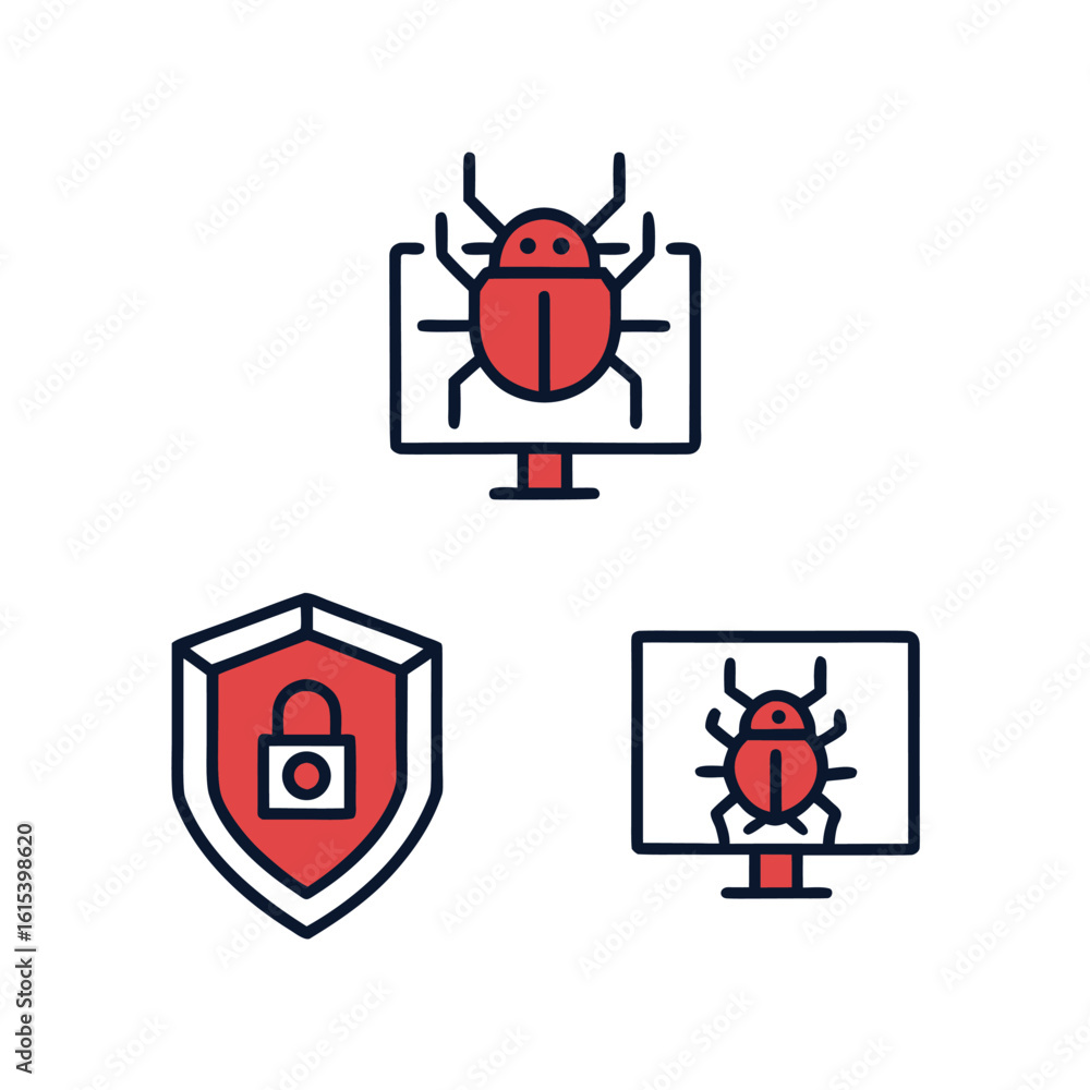 Poster red computer bug icons and shield with lock on white background virus malware