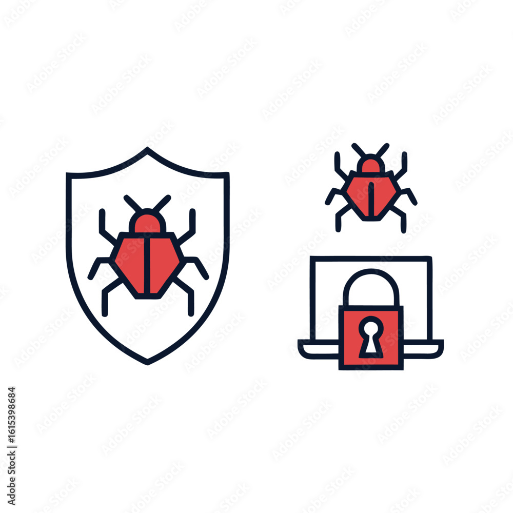 Poster red bug icon on shield and laptop with lock on white background protection security