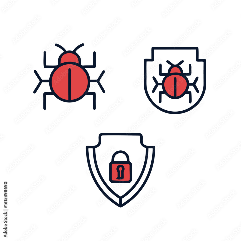Poster three icons representing cyber security concepts bug shield and lock insect protection