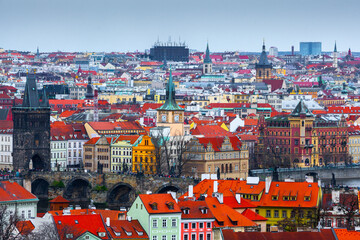A panoramic сityscape view of Prague, Czech Republic (Czechia), showcases the iconic Charles...