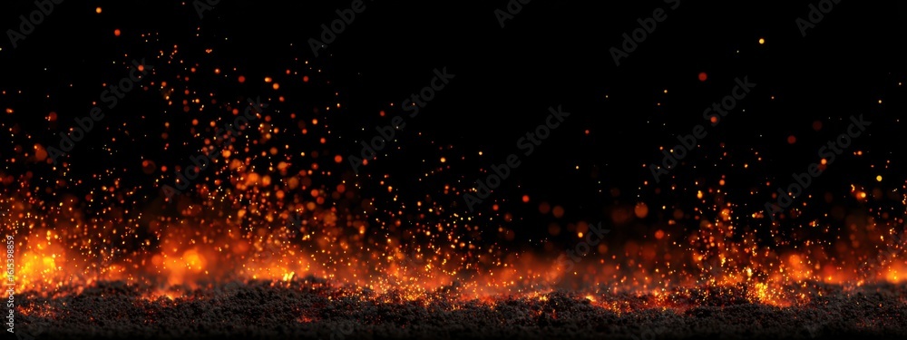 Poster glowing ember texture with ash particles on black background for visual effects and design projects