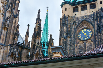 A detailed view of St. Vitus Cathedral in Prague Castle, Prague, Czech Republic-Czechia, showcasing...