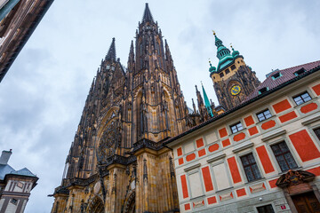 A wide view of St. Vitus Cathedral in Prague Castle, Prague, Czech Republic-Czechia, showcasing its...