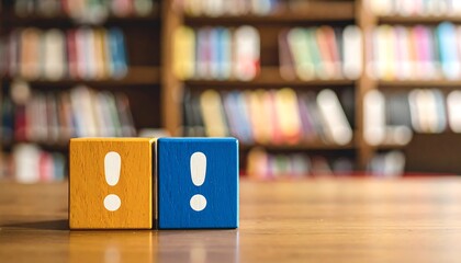 Colorful punctuation marks block displayed on wooden surface under soft warm lighting in a cozy library setting