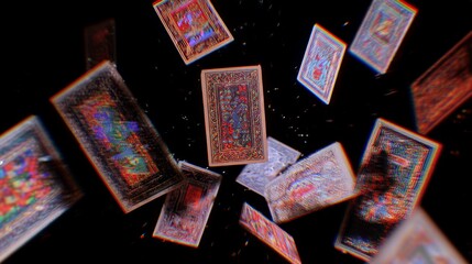 Floating Tarot Cards with Glitch Effects and Mystical Symbols in a Dark Background