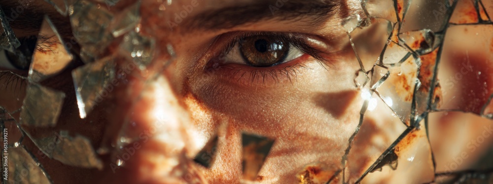 Aufkleber intimate portrait of a person’s eye through fractured mirror shards reflecting emotion and depth in 