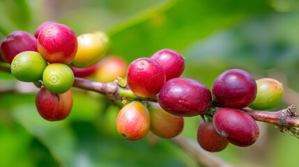 Obraz premium Close-up of Catimor Arabica coffee variety growing on a branch with both red green coffee cherries in a tropical plantation, illustrating different ripening stages and sustainable quality production