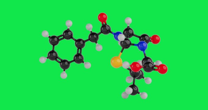 4k Resolution Video:Structural Model of Peniciline Molecule Chemical Formula Seamless Looped Rotating on a green screen background with Alpha Matte