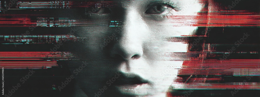 Poster Digital Portrait with Glitch Effect Showcasing Distorted Features and Unique Aesthetic Appeal in a Thought-Provoking Style