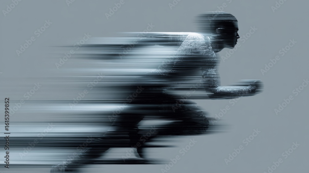 Poster dynamic glitch effect of silhouette running figure in motion blur capturing speed and movement energ