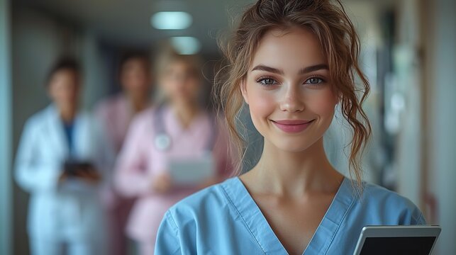 Hospital Hallway Medical Team: Young Nurse Holding Tablet with Colleagues, Blurred Background, Copy Space
