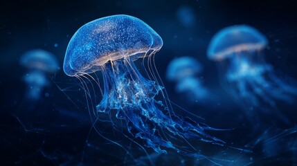 Ethereal Glowing Jellyfish Floating Gracefully in a Dazzling Digital Ocean Space Display