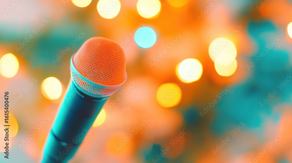 Poster bright microphone in front of colorful bokeh lights at an event