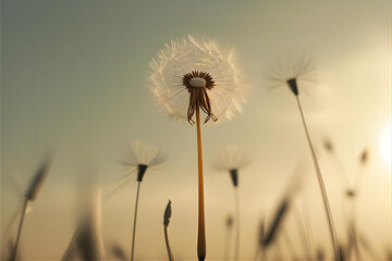 Dandelion Seed Floating Against a Warm Sunset Sky