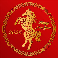 Happy Chinese New Year golden horse paper cut art and spiral round frame