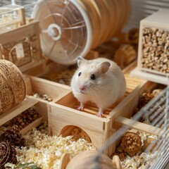 Obraz premium Cozy Hamster Cage Setup Featuring Tunnels, Wheel, and Natural Materials for a Happy Pet Environment