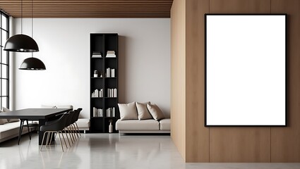 Frame mockup, ISO A paper size. Living room wall poster mockup. Interior mockup with house background. Modern interior design. 3D render	