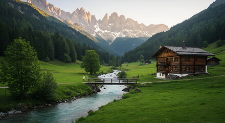 Obraz premium Idyllic alpine landscape with wooden chalet and stunning mountain backdrop
