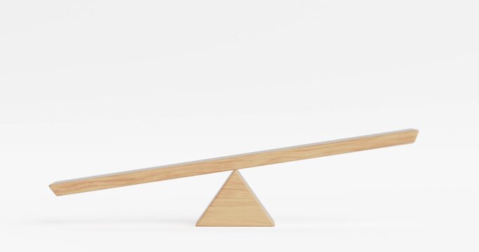 4k Resolution Video: Imbalance And Contrast Concept. Wooden Seesaw With Tilted Plank Balancing On White Background Symbolizing Uneven Distribution with Alpha Matte