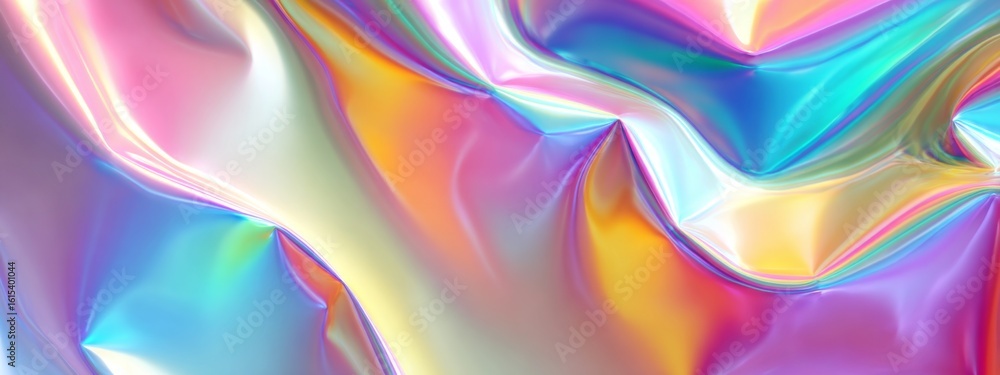 Poster iridescent holographic foil with gradient texture and color shift in curved layers