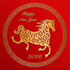 Happy Chinese New Year golden horse paper cut art and spiral round frame