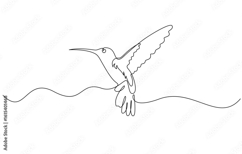 Poster continuous one line drawing of humming bird vector illustration. editable outline